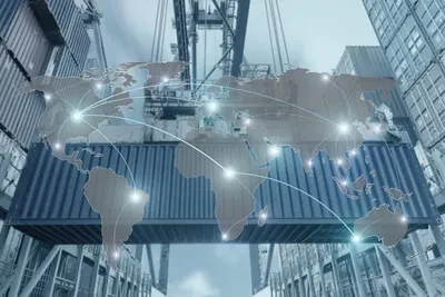 Global logistics and shipping infrastructure with world map overlay